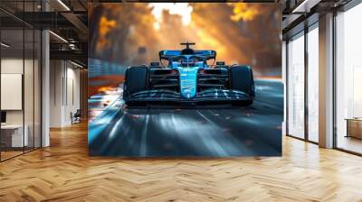 A modern Formula 1 racing car speeds along a circuit surrounded by autumn trees at sunrise Wall mural