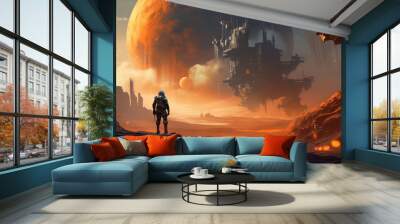 A stunning paint of the mandalorian walking in a fire valley Wall mural