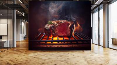 Big steak is prepared on hot grill, tasty meat on grill, generative ai Wall mural