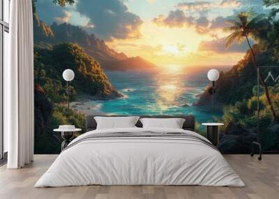 Breathtaking tropical scene features a sunlit beach, turquoise ocean, lush green mountains, and palm trees under a vibrant sunset sky Wall mural