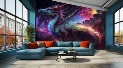 Colored dragon flew in galaxy, generative ai Wall mural