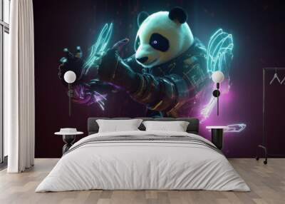 Cyberpunk panda wearing metal armor in fighting pose and neon lights, generative ai Wall mural