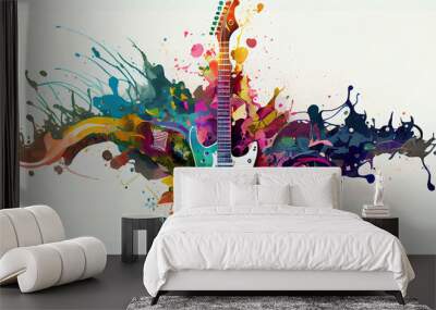 Electric guitar decorated with stylish creative colors around it on white background, generative ai Wall mural