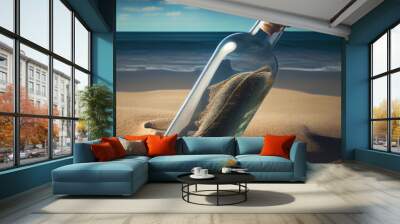 Glass bottle in sand on a beach, generative ai Wall mural