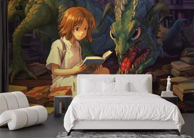 person in an box, young friendly girl reading  book with dragon, generative ai Wall mural