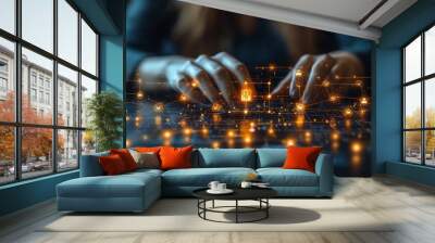 Person typing on a keyboard surrounded by a digital network with glowing icons and connections Wall mural