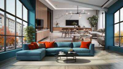 Residental apartment living room and dining room with kitchen and furniture in modern style, generative ai Wall mural