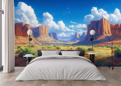 Showcases a vast desert landscape with towering red rock formations, scattered greenery, and a bright blue sky with clouds Wall mural