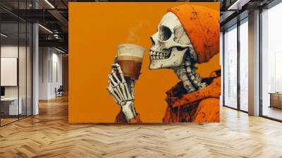 Skeleton in an orange beanie and hoodie is holding and smelling a steaming cup against an orange background Wall mural