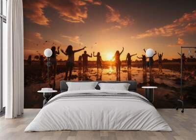 sunset at the beach, asia group of people jumping on the beach, generative ai Wall mural