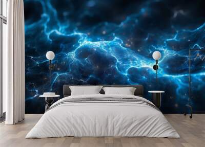 The image depicts an abstract blue neon plasma design, resembling electricity or neural activity, with intricate details Wall mural