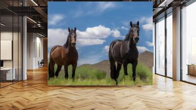 Three wild mustangs on a meadow with sky and clouds above heads, generative ai Wall mural