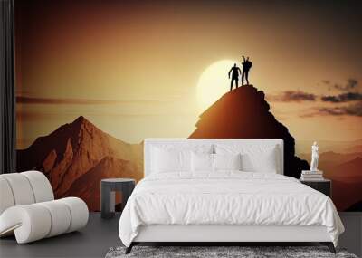 Two person on a top of mountain peak, visualisation of team success, generative ai Wall mural