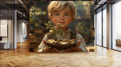 Young boy holds a small tree growing from a bowl filled with gold coins, smiling in a sunlit environment Wall mural