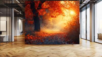 autumn forest path. orange color tree, red brown maple leaves in fall city park. sunrise of a sunny  Wall mural