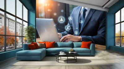 Businessman Using Laptop with Compliance Icons for Enforcement of Laws, Regulations Wall mural