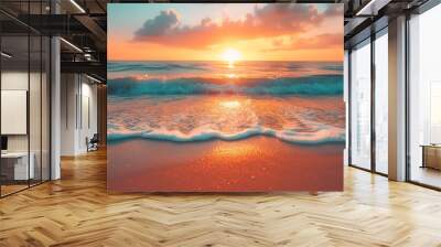 Closeup sea sand beach. Inspire tropical beach seascape horizon. Orange and golden sunset sky calmness tranquil relaxing sunlight summer mood. Vacation travel holiday banner Wall mural