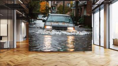 Car driving through flooded street Wall mural