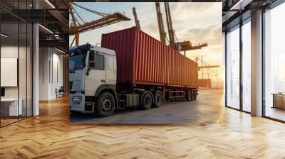 Cargo truck with container in harbor with ship in background  Wall mural