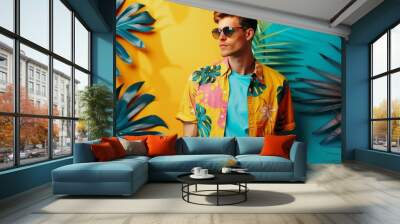 Colorful tropical portrait of a young fashionable man in sunglasses	 Wall mural