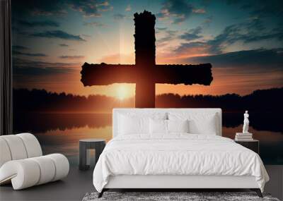 Hand holding religious cross created with AI Wall mural