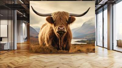 Highland cattle with mountains in the background Wall mural