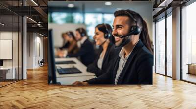 Portrait of call center worker wearing headsets and collaborating to solve customer issues Wall mural