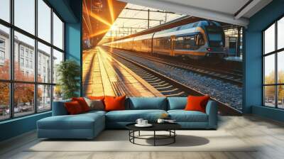 Railway station with modern commuter train with sunshine Wall mural