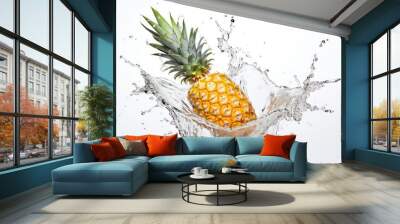 Splashing pineapple on white background Wall mural