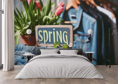 Spring sale sign in front of boutique shop Wall mural