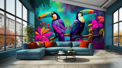 Toucans on colorful background with plants created with AI  Wall mural