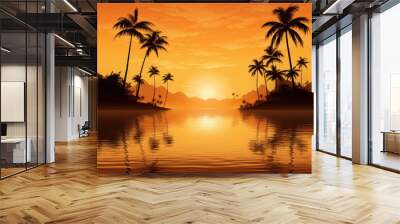 Tropical paradise with palm trees during sunset created with AI Wall mural