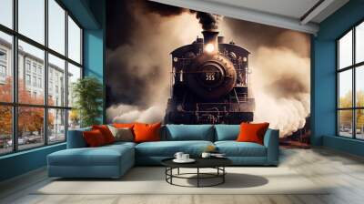 Vintage steam train with ancient locomotive and old carriages created with AI Wall mural