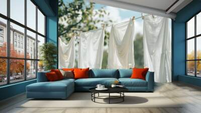 White clothes hanging on laundry line outdoors	 Wall mural