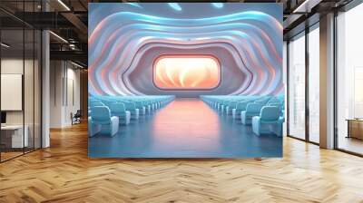 a surreal hyperreal business presentation in an abstract, floating auditorium with digital visuals, capturing a dreamlike corporate environment, offering ample copy space for text Wall mural