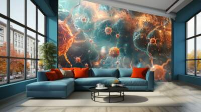 A visual metaphor illustrating the concept of cancer as a rogue cell that disrupts the harmony of the body's cellular environment. Wall mural