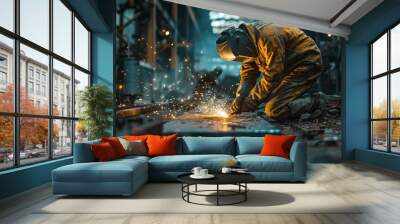 A welder in protective gear, bent over a metal frame, sparks scattering across a rough concrete floor, industrial warehouse with dark, gritty walls Wall mural