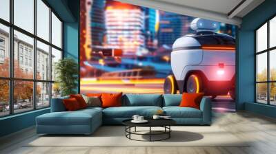 Autonomous delivery robot navigating through a futuristic urban environment, with high-tech infrastructure and sleek, modern design, showcasing the future of logistics Wall mural