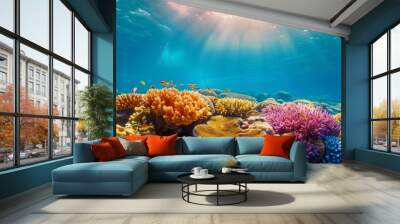 beautiful tropical coral reef underwater scene with colorful marine life swimming among vibrant corals, showcasing the exotic beauty of the ocean, with clear copy space for text Wall mural