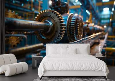 Close-up of gears and cogs in a large industrial machine, showcasing the inner workings of factory equipment Wall mural