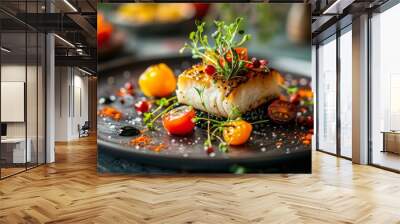 Creative food presentation of a gourmet dish with artistic plating and garnishing in a restaurant setting Wall mural