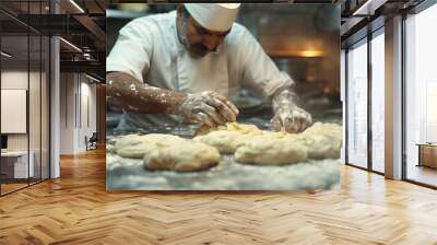 Indian kitchen with a chef kneading dough for homemade naan, rolling pin, and flour dusted countertop Wall mural