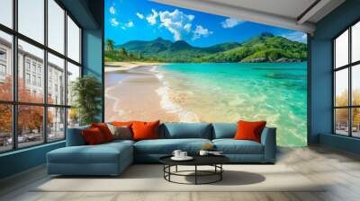 picturesque beach with crystal-clear water and smooth, white sand, framed by lush green hills and a vibrant blue sky, perfect for a summer getaway, with plenty of copy space for text Wall mural