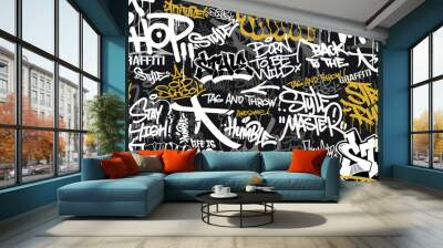 Graffiti background with throw-up and tagging hand-drawn style. Street art graffiti urban theme for prints, banners, and textiles in vector format. Wall mural