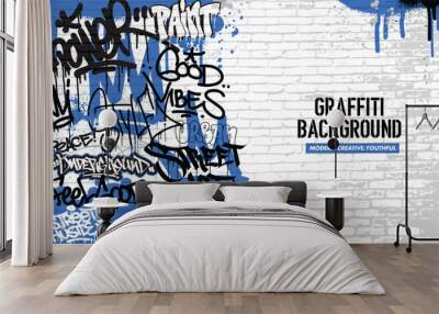 Graffiti background with throw-up and tagging hand-drawn style. Street art graffiti urban theme in vector format. Wall mural