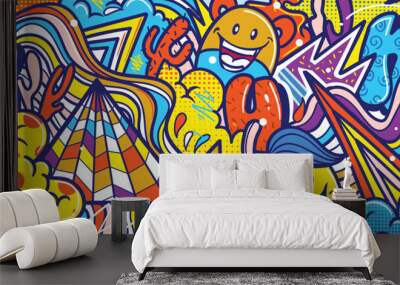 Graffiti doodle art background with vibrant colors hand-drawn style. Street art graffiti urban theme for prints, banners, and textiles in vector format Wall mural