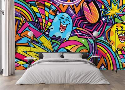 Graffiti doodle art background with vibrant colors hand-drawn style. Street art graffiti urban theme for prints, banners, and textiles in vector format Wall mural