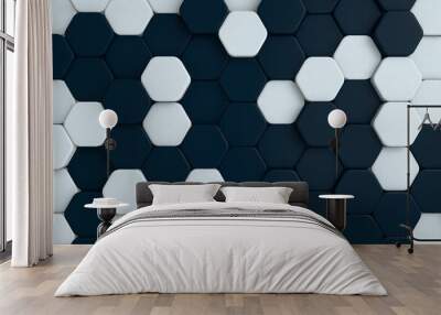 A contemporary 3D abstract background featuring a mosaic of hexagonal tiles in shades of navy and white Wall mural