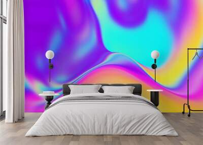 Abstract holographic rainbow color background. Real hologram iridescent surface. Vibrant wallpaper of smooth liquid flows. Bright gradient fashionable holo fluid. Wall mural