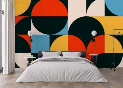 Abstract retro geometric seamless pattern in the Bauhaus style with grid and tile geo squares, triangles, semicircles and half-circles shape tileable background design Wall mural